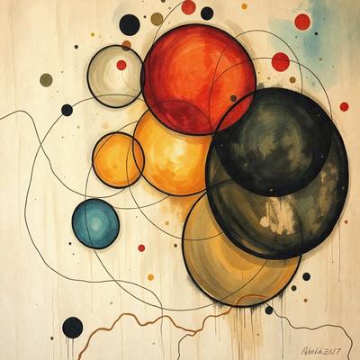 The primary subject of the image is a painting featuring a circle with a red dot in the center, surrounded by other circles. The setting is a white background, and the visual style appears to be a combination of digital art and illustration. The dominant colors in the painting are red, yellow, and orange, creating a vibrant and lively atmosphere.